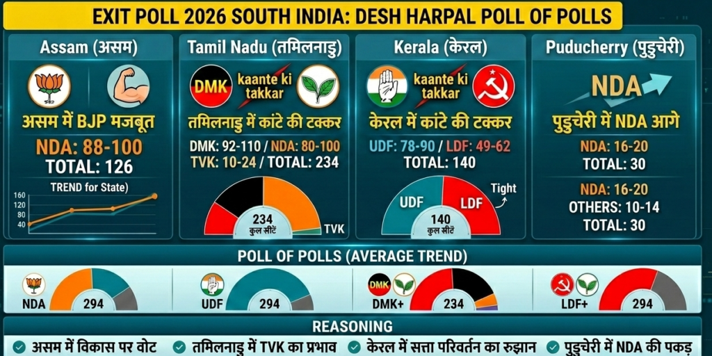 Exit Poll 2026 South India: असम में BJP मजबूत, तमिलनाडु-केरल में कांटे की टक्कर, पुडुचेरी में NDA आगे